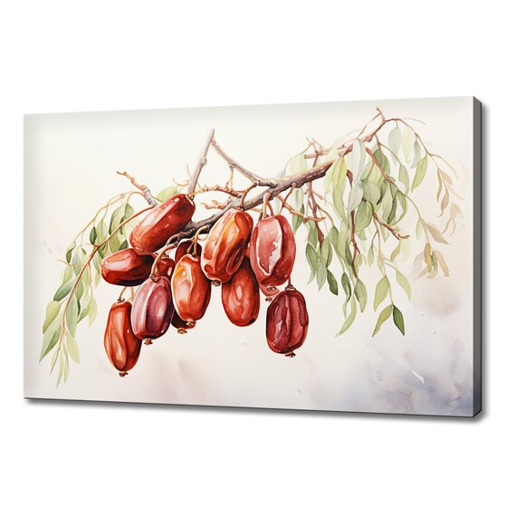Dates Tree Branch Fruits Watercolour Print Colourful Kitchen Wall Art Fruit Print Modern Kitchen Restaurant Wall Decor