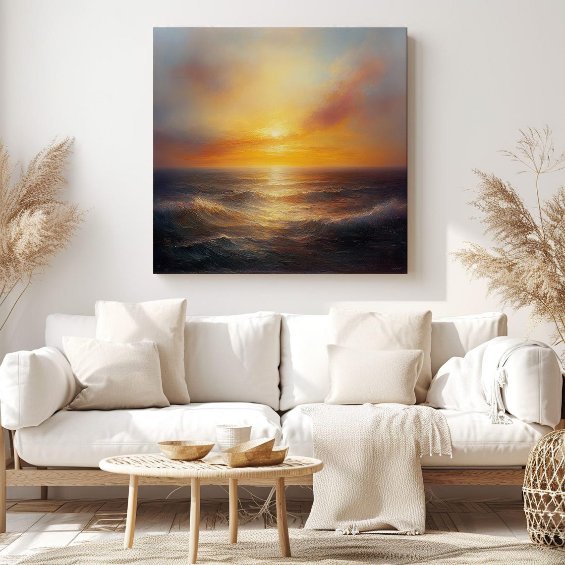 Golden Sunset Over Rolling Ocean Waves Impressionist Seascape Poster - Image 3