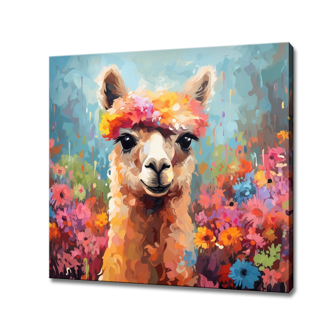 Adorable Smiling Alpaca Wearing Flower Crown Meadow Painting Poster