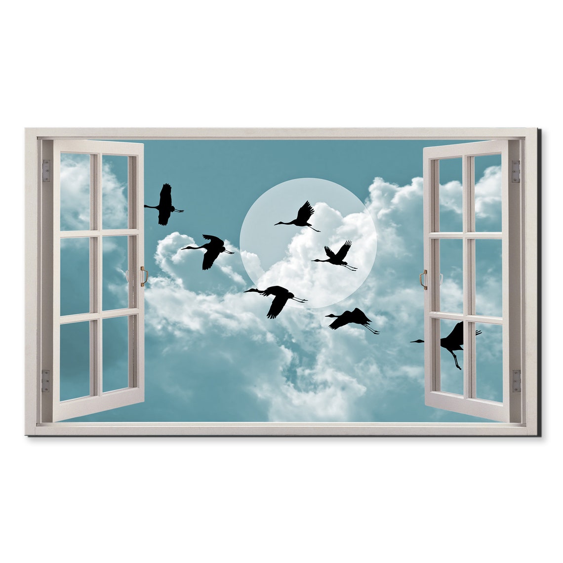 Cranes Flying Full Moon Clouds Silhouette Window View Poster