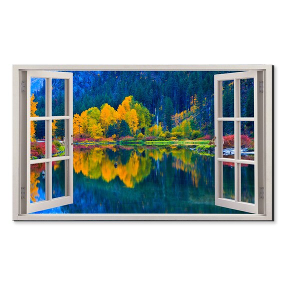 Beautiful Colourful Fall Trees Lake Window View Window Frame Style Modern Design Home Decor Print Wall Art Picture Ready To Hang