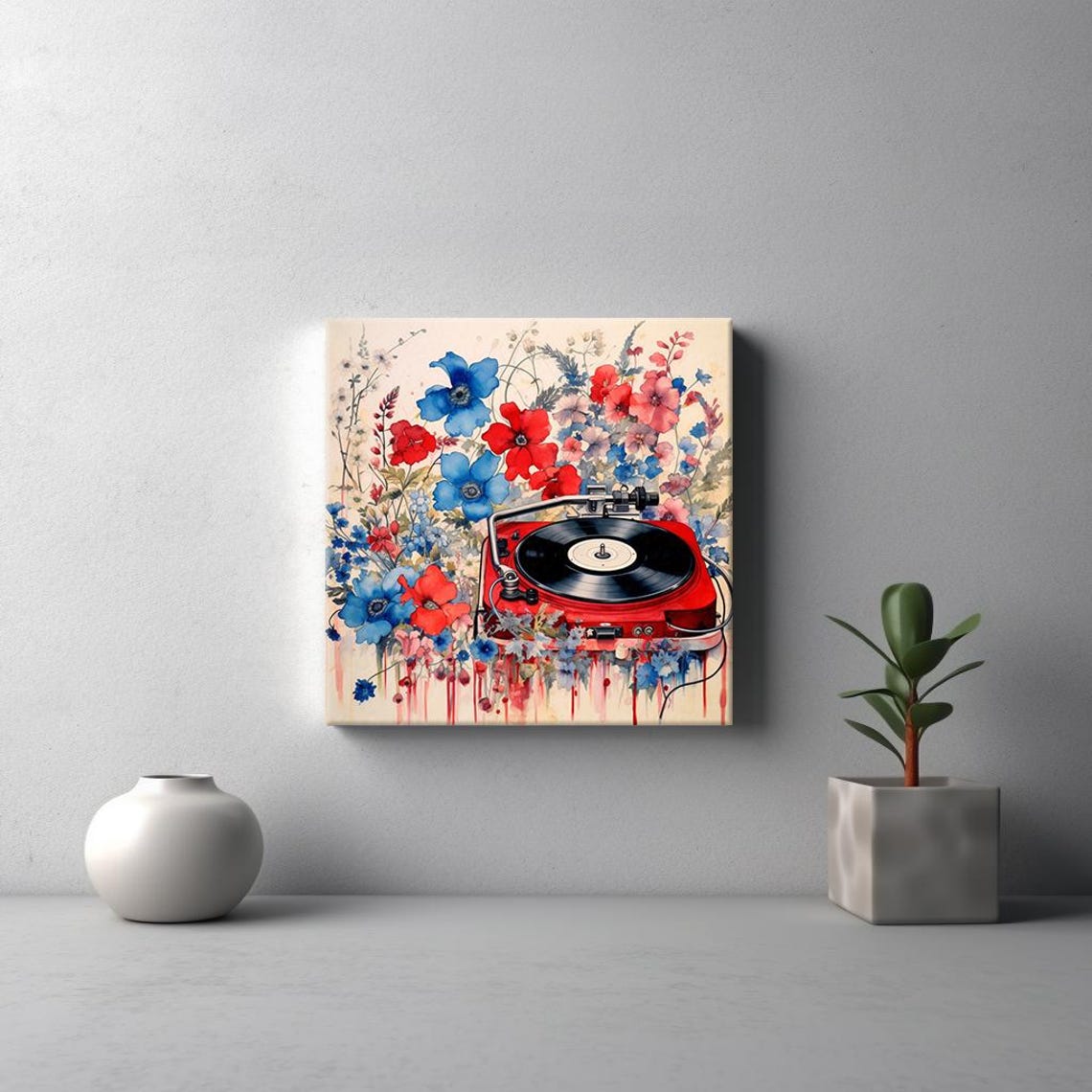 Red Turntable Vinyl Wildflowers Blue Red Watercolor Music Poster - Image 3