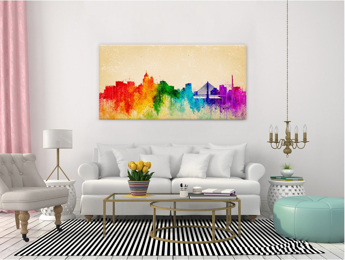 Vibrant City Skyline Cable Stayed Bridge Rainbow Watercolour Wall Art - Image 2