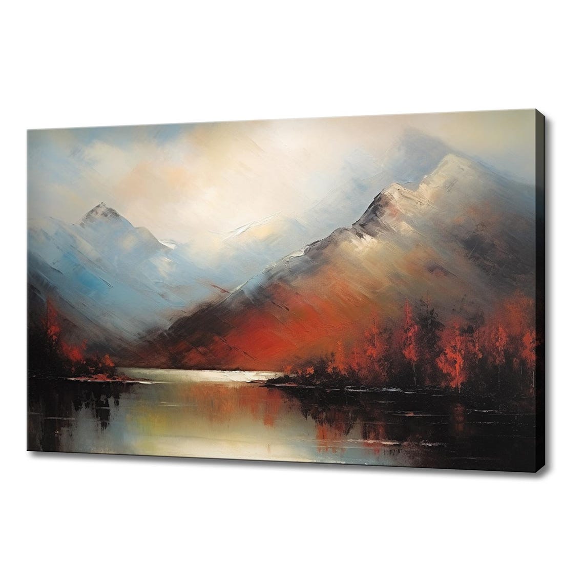 Fiery Autumn Mountains Red Slopes Lake Reflection Vintage Art Poster