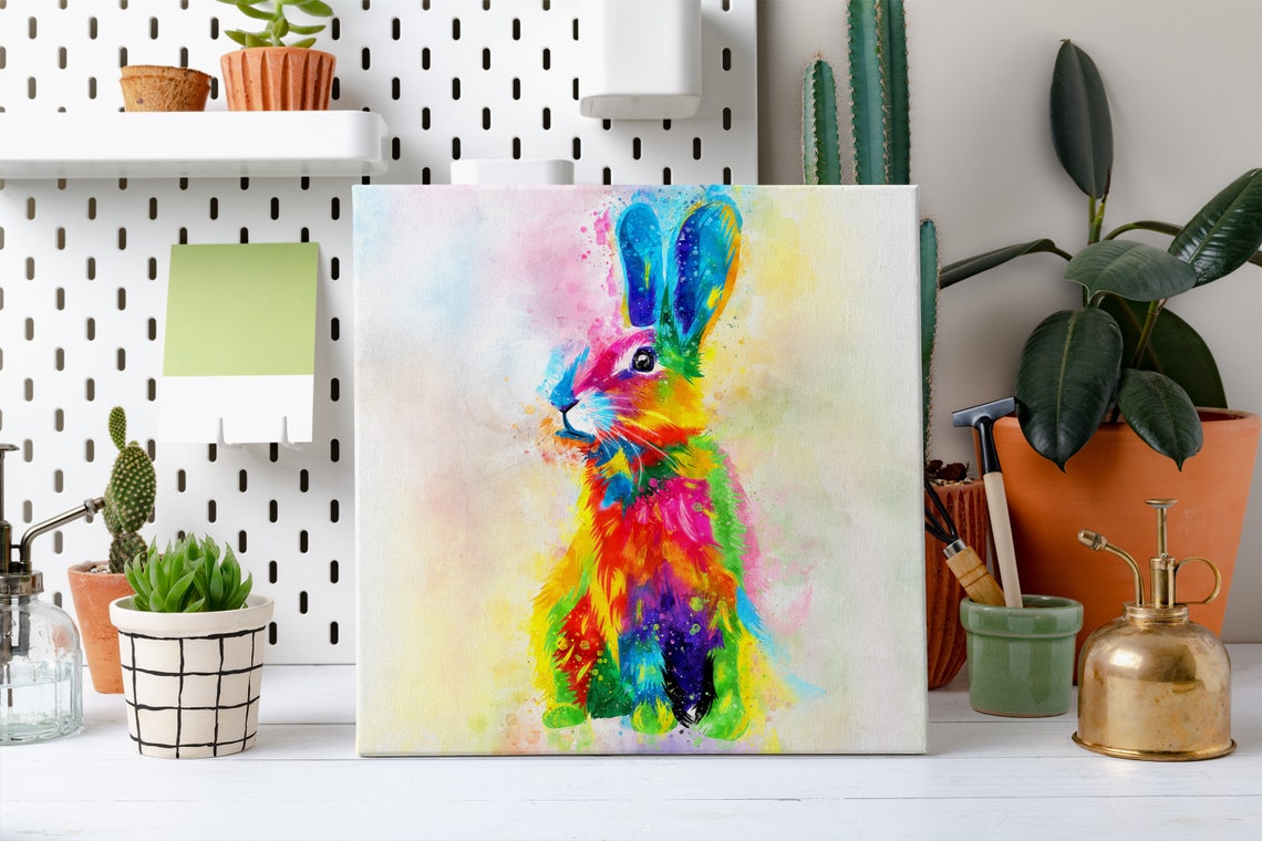 Rainbow Watercolour Hare Rabbit Sitting Modern Animal Poster - Image 2