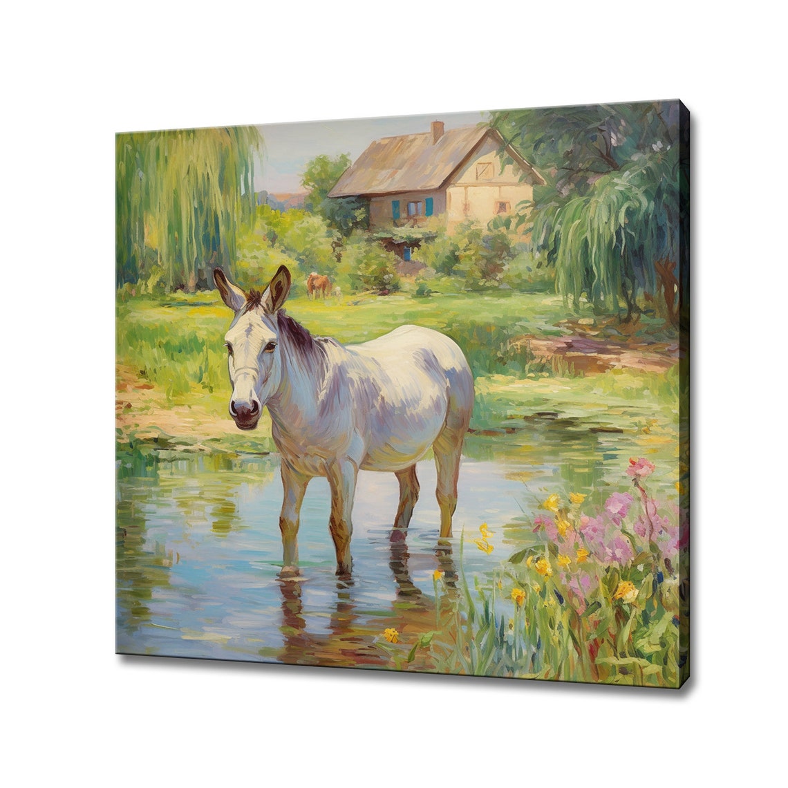 White Donkey Standing In Pond Farmhouse Countryside Wall Print