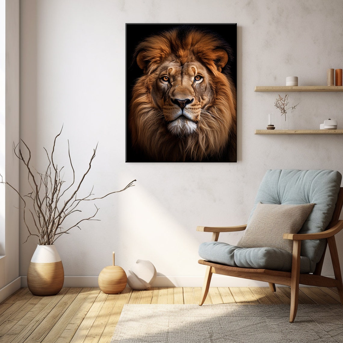 Majestic Lion Portrait Golden Mane Black Background Wild Cat Wall Art - Image 4