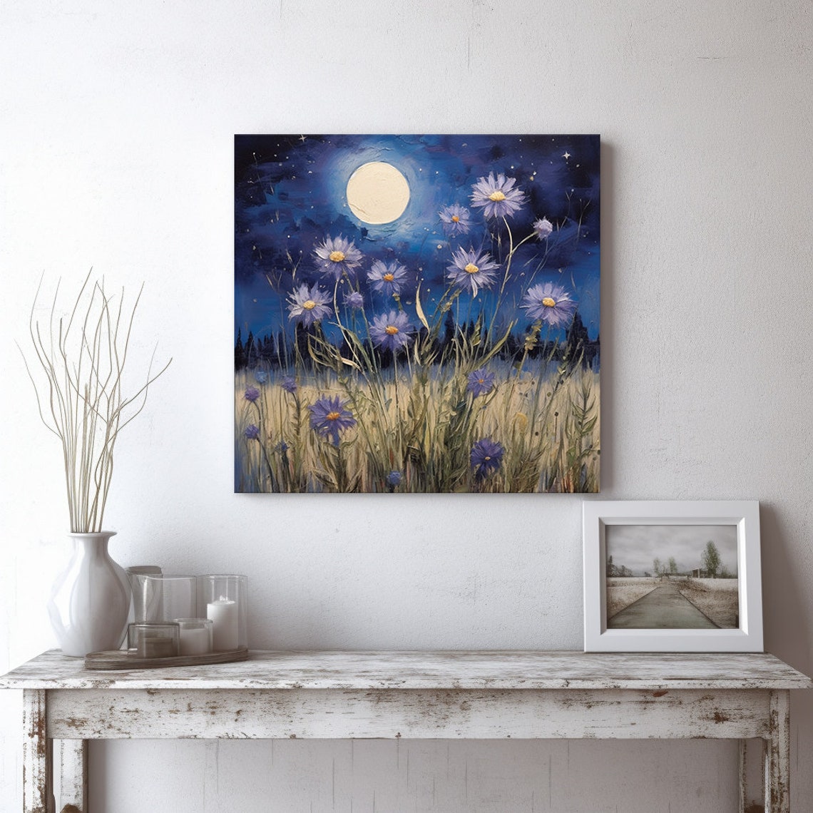 Cornflowers Field Under Full Moonlight Starry Night Wall Art Print - Image 2
