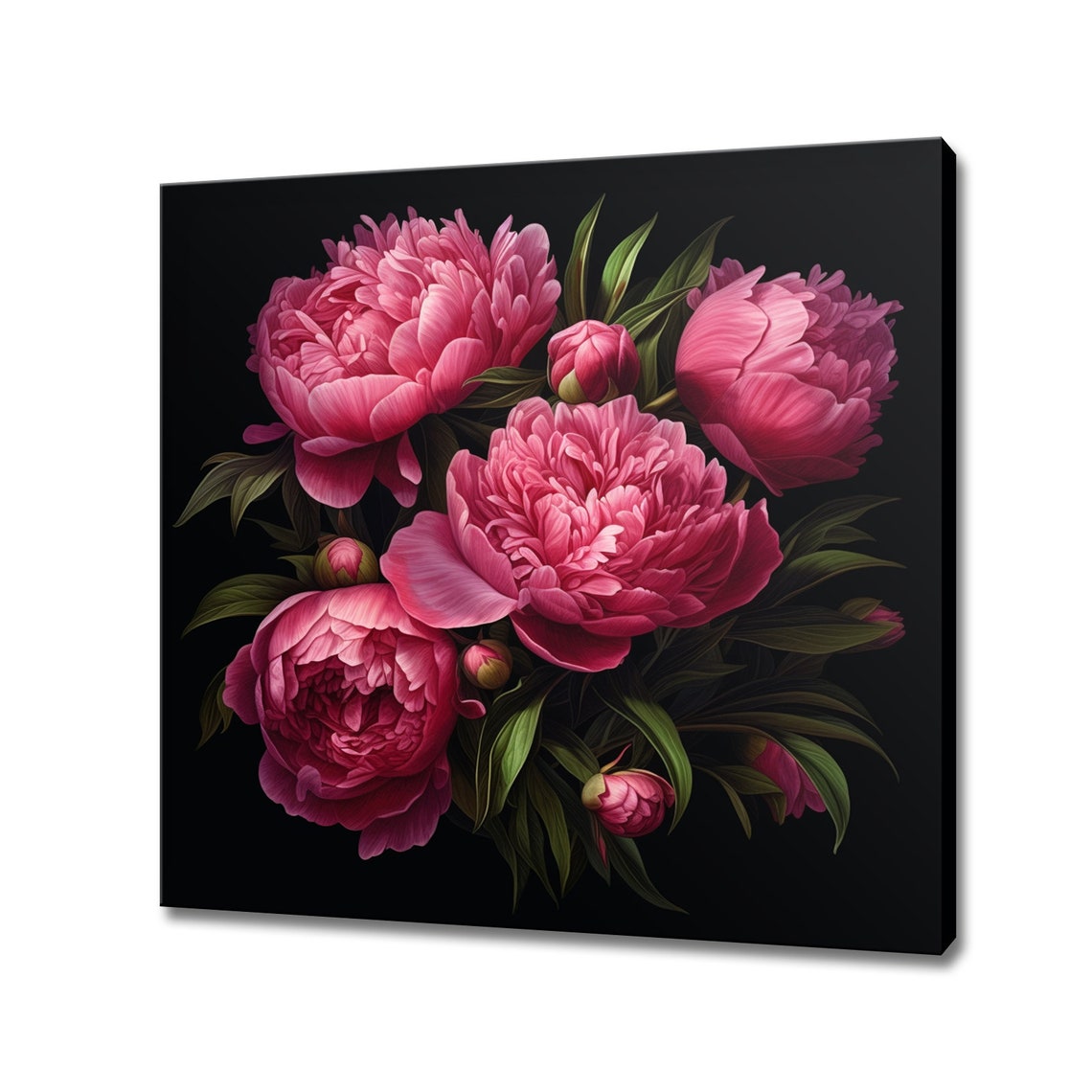 Dark Pink Peonies On Black Background Elegant Botanical Art Print
