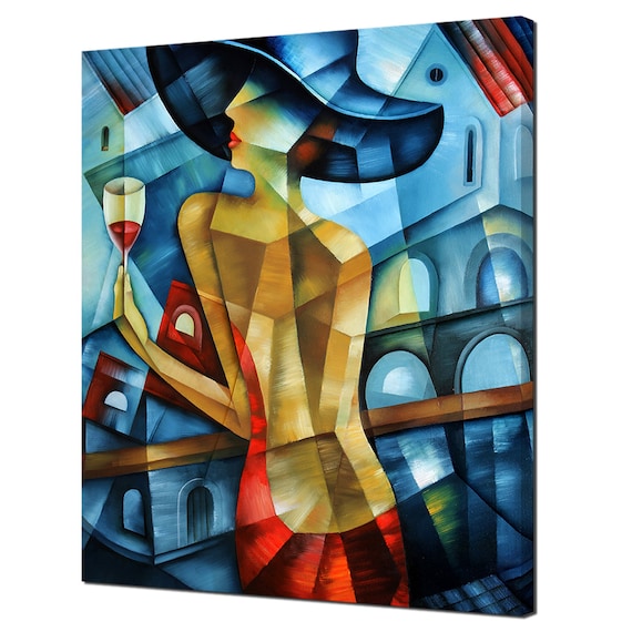 Elegant Woman Cubism Wine Glass Hat Red Dress Blue Gold Modern Poster