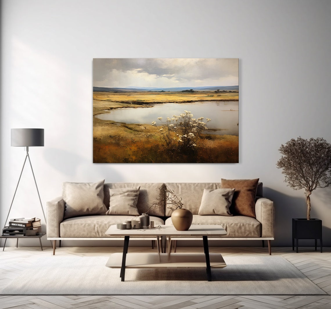 Vintage Country Landscape Flowers Lake Muted Moody Painting Style Print Farmhouse Decor Art Neutral Nature Picture Wall Hanging - Image 4