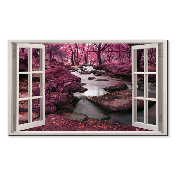 River In Pink Forest Window View Window Frame Style Modern Design Home Decor Print Wall Art Picture Ready To Hang