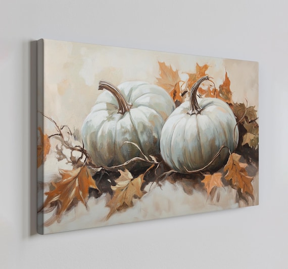 White Pumpkins With Autumn Leaves Moody Vintage Fall Art Poster