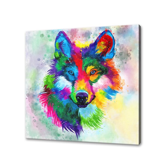 Wolf Rainbow Watercolor Front Portrait Head Abstract Art Poster