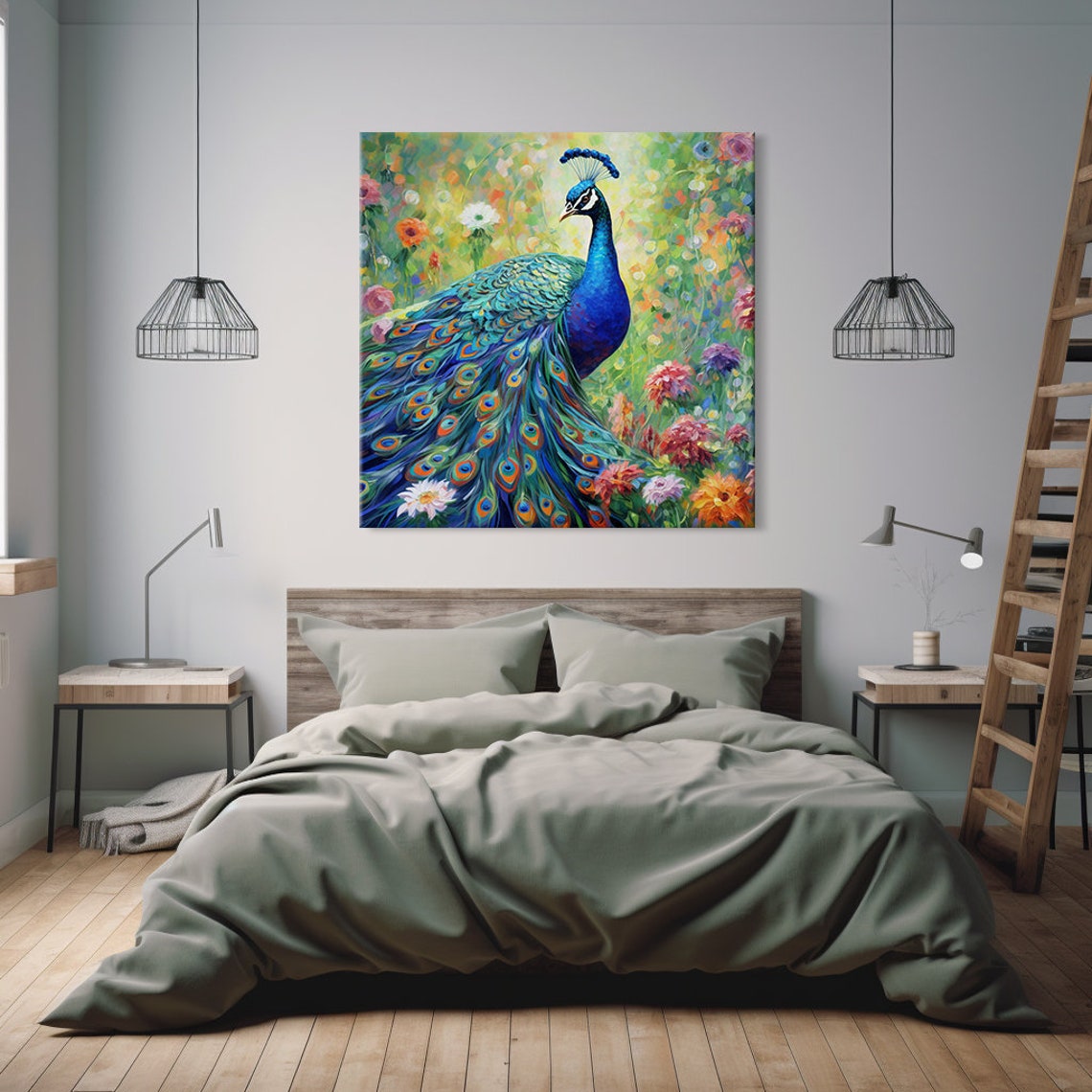 Peacock With Cobalt Blue Neck Eye Spotted Tail Flower Art Poster - Image 2