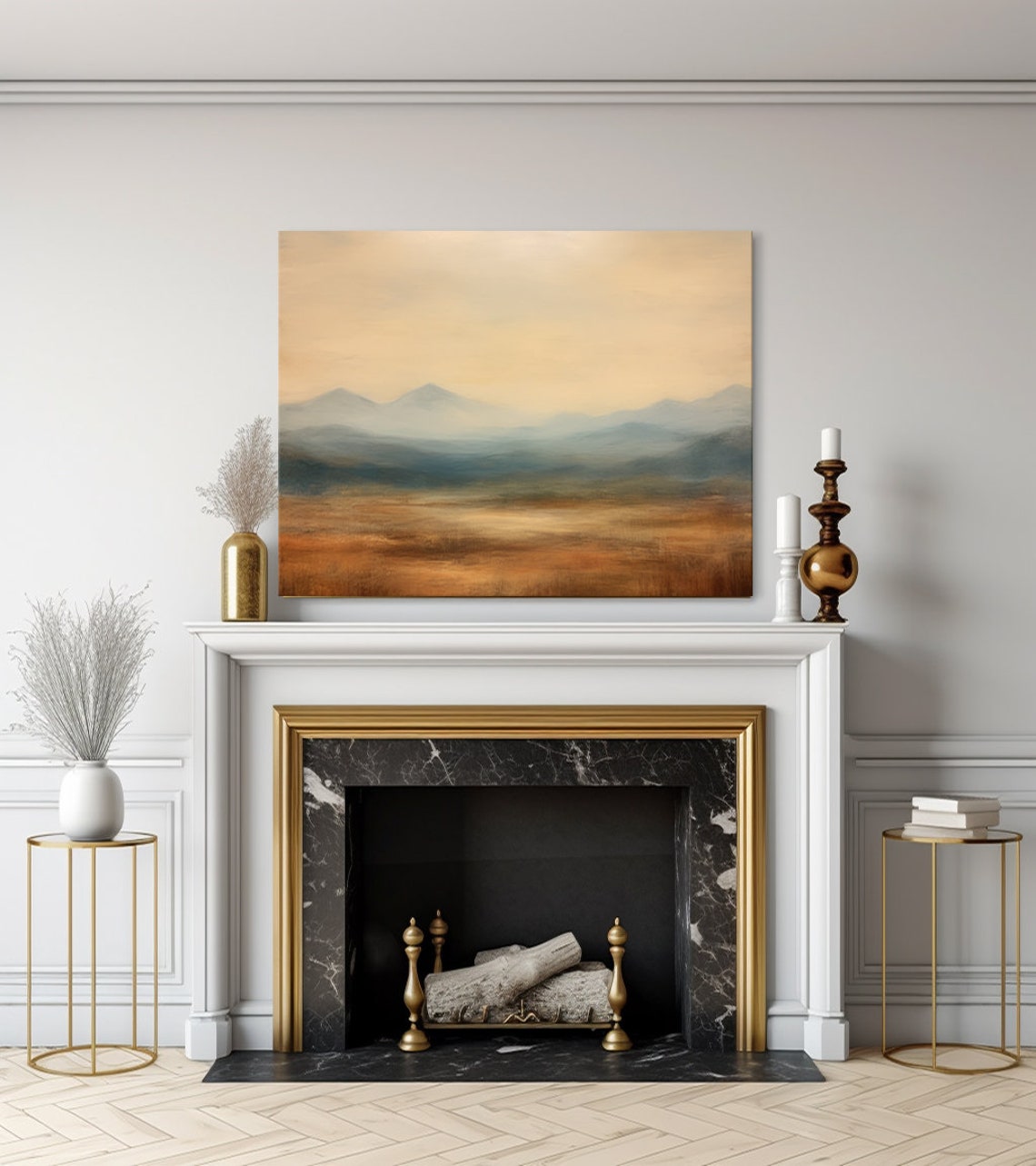 Vintage Country Grass Field Foggy Mountains Landscape Muted Moody Painting Style Print Farmhouse Decor Art Neutral Nature Picture - Image 3