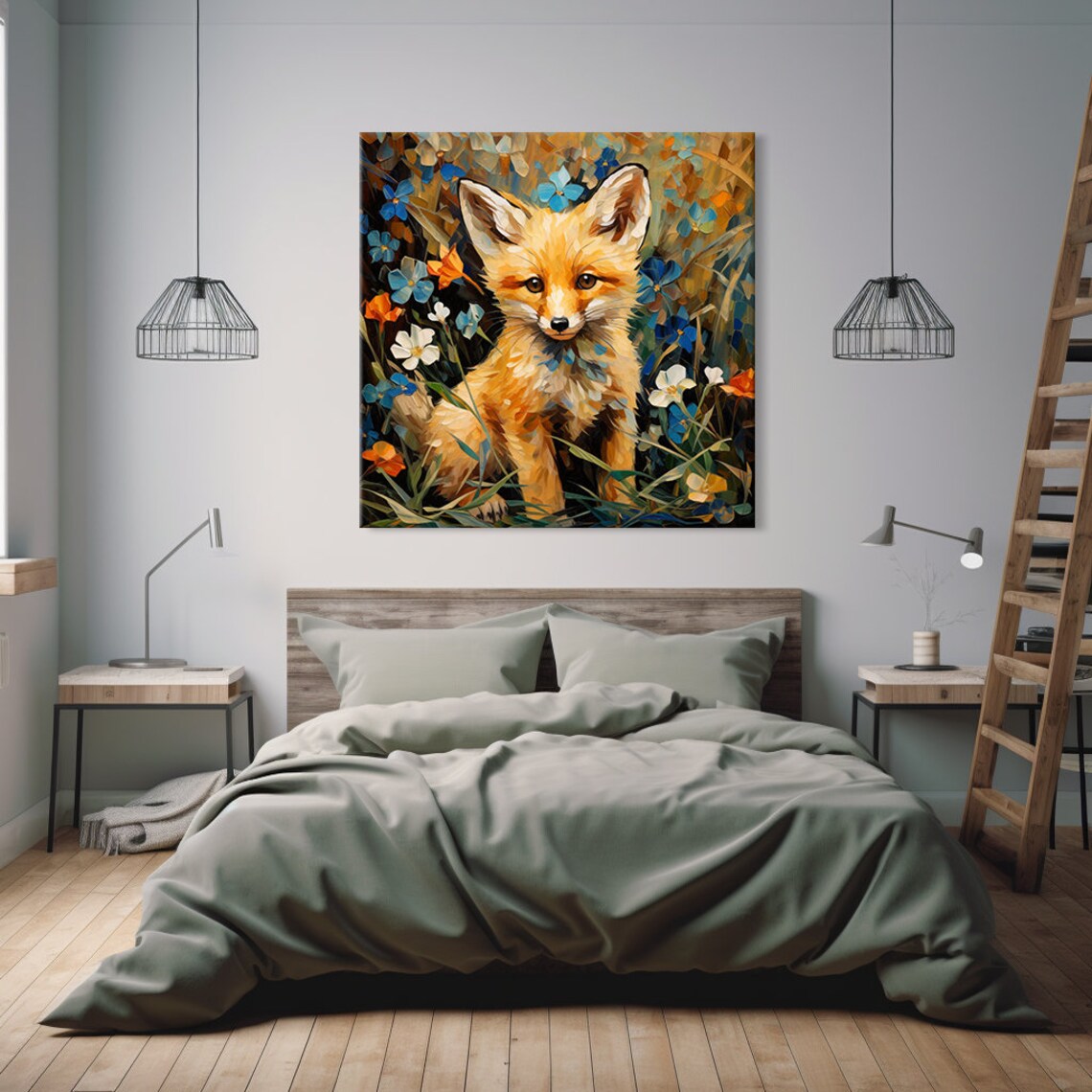 Cute Baby Fox Cub Portrait Among Wildflowers Painting Poster - Image 2