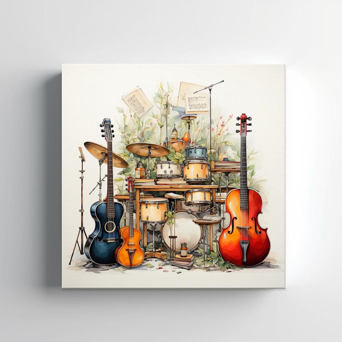 Watercolor Band Instruments Guitars Drums Cello Sheet Music Poster - Image 2