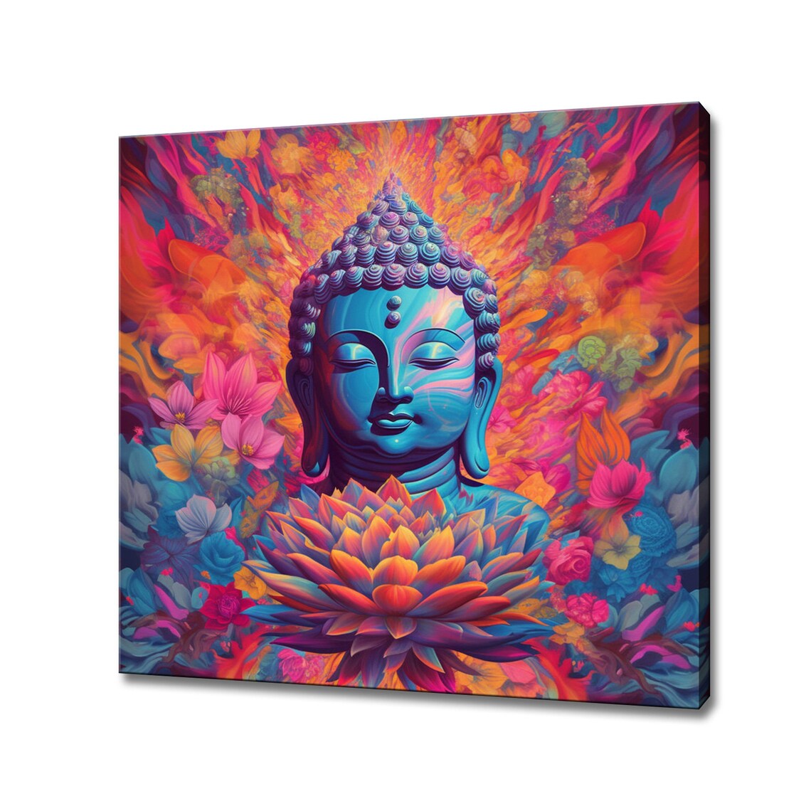Blue Buddha Head Colorful Flowers Psychedelic Spiritual Art Print