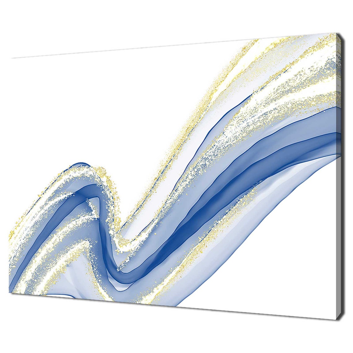 Blue Gold White Abstract Flowing Swirls Minimalist Modern Wall Art