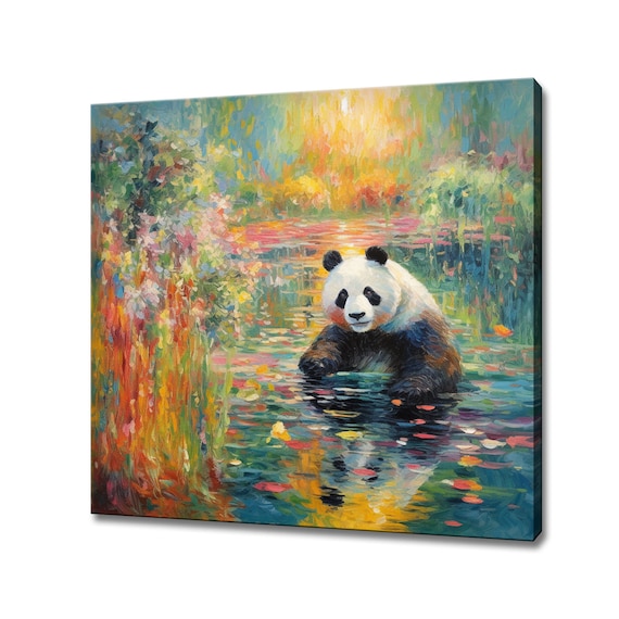 Giant Panda Bathing Among Autumn Leaves Monet Style Painting Poster