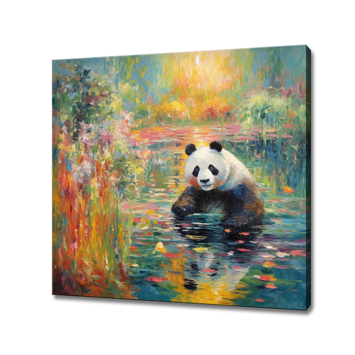 Giant Panda Bathing Among Autumn Leaves Monet Style Painting Poster