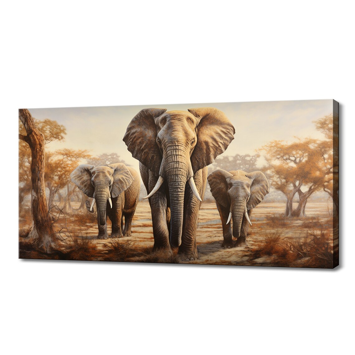 Elephant Family Walking Savanna Acacia Trees Golden Painted Wildlife Poster