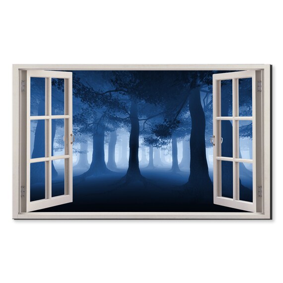 Misty Morning In Blue Forest Window View Window Frame Style Modern Design Home Decor Print Wall Art Picture Ready To Hang