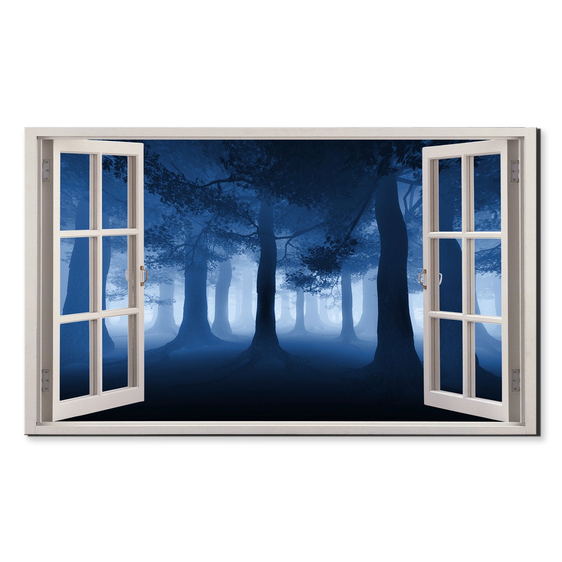 Misty Blue Forest Morning Fog Tall Trees Window View Wall Art