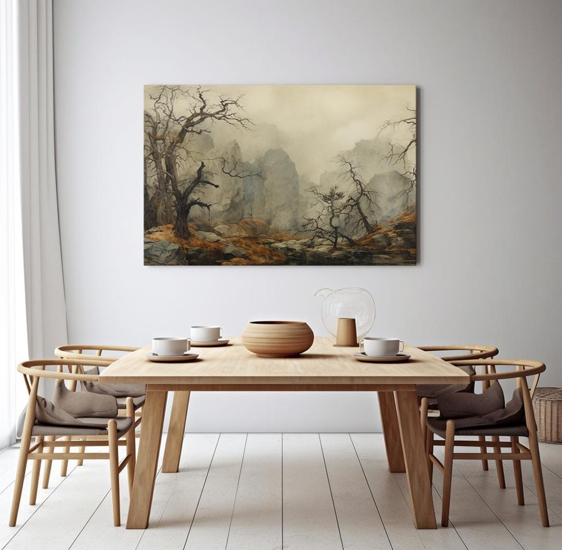 Misty Spooky Forest Bare Trees Rocky Cliffs Foggy Landscape Poster - Image 3