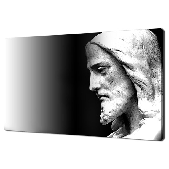 Jesus Christ Stone Statue Face Black White Religious Faith Poster