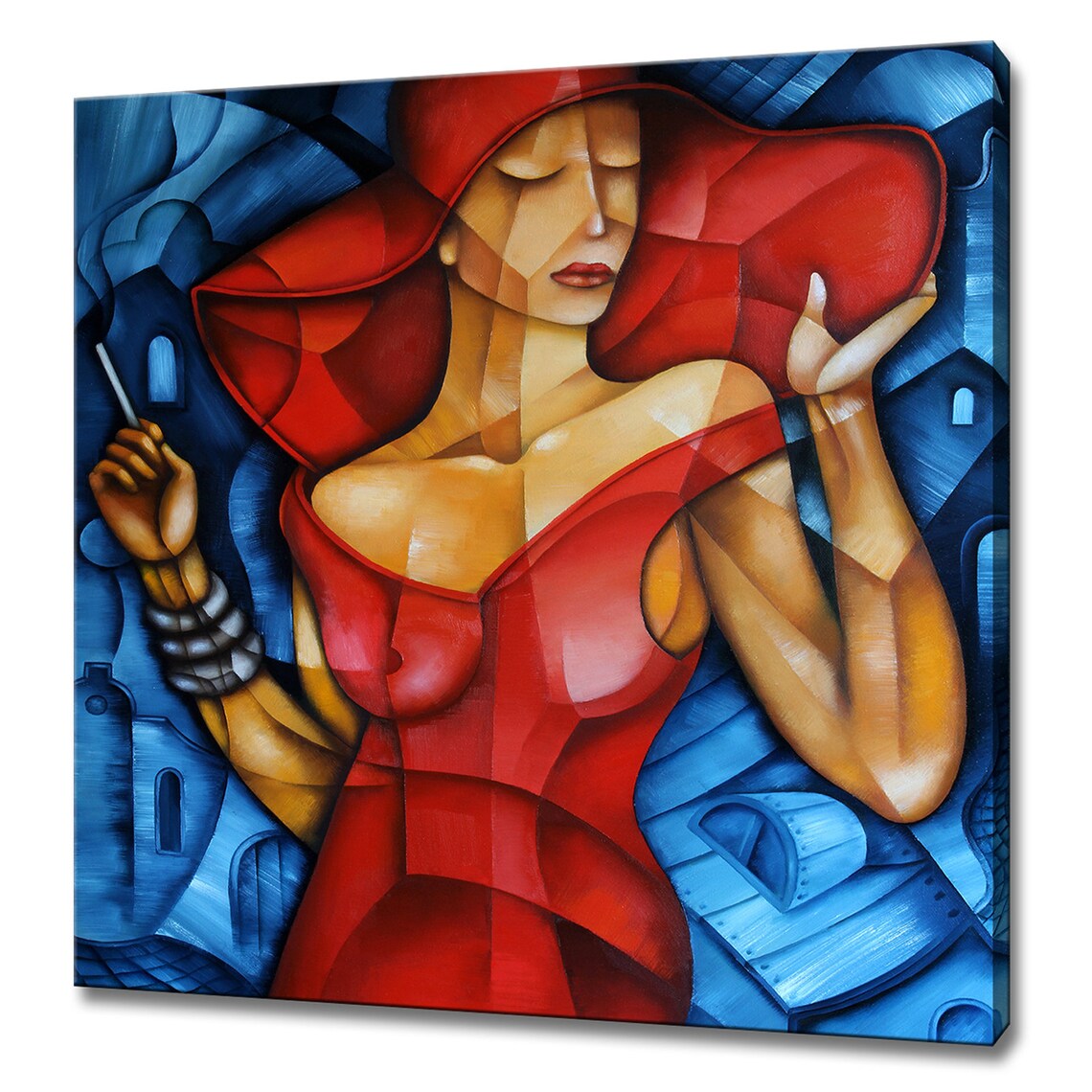 Woman In Red Hat Cubist Portrait Dramatic Blue City Background Art Print