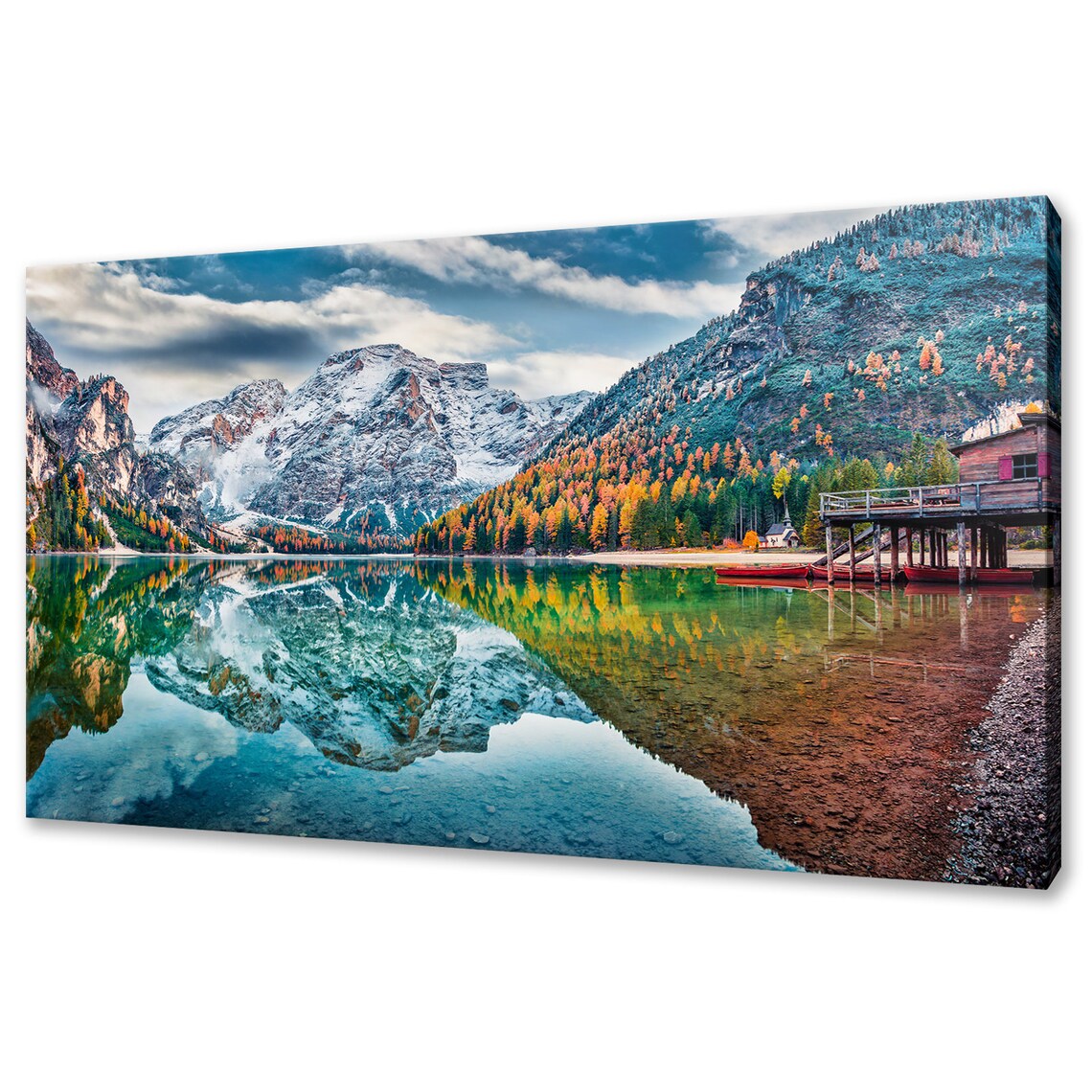 Braies Lake Italy Dolomites Boathouse Autumn Reflection Travel Poster