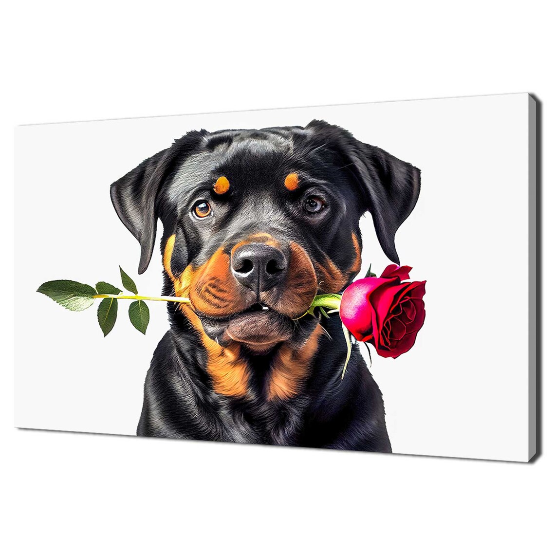 Rottweiler Puppy Holding Red Rose Cute Tough Romantic Dog Wall Poster