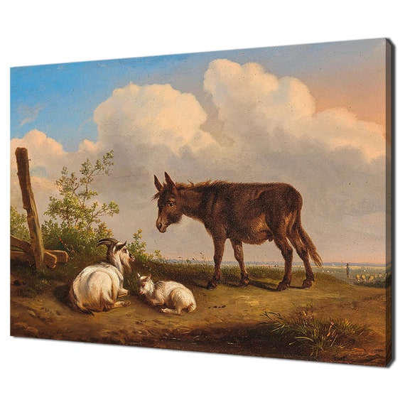 Donkey And Goats On A Country Road Vintage Victorian Oil Painting Print Antique Print Wall Art Moody Rustic Farmhouse Decor