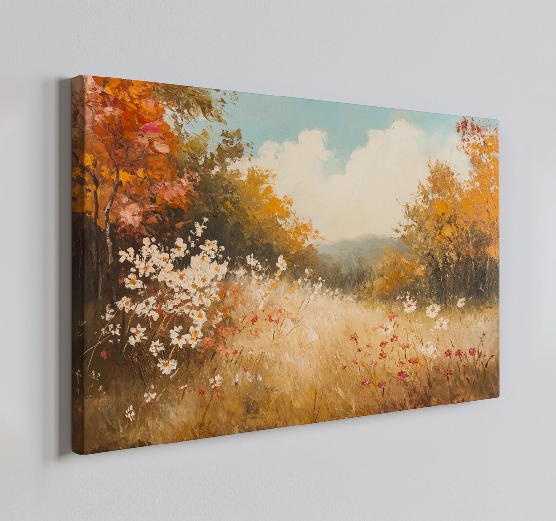 Autumn Landscape Wildflowers Vintage Painting Style Print Farmhouse Decor Art Nature Picture Wall Hanging Fine Art Print