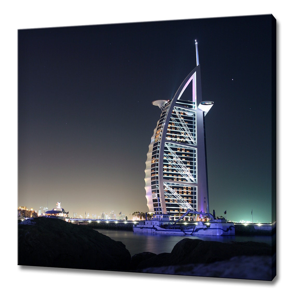 Burj Al Arab Dubai Night Lights Sail Hotel Seaside Skyline Poster