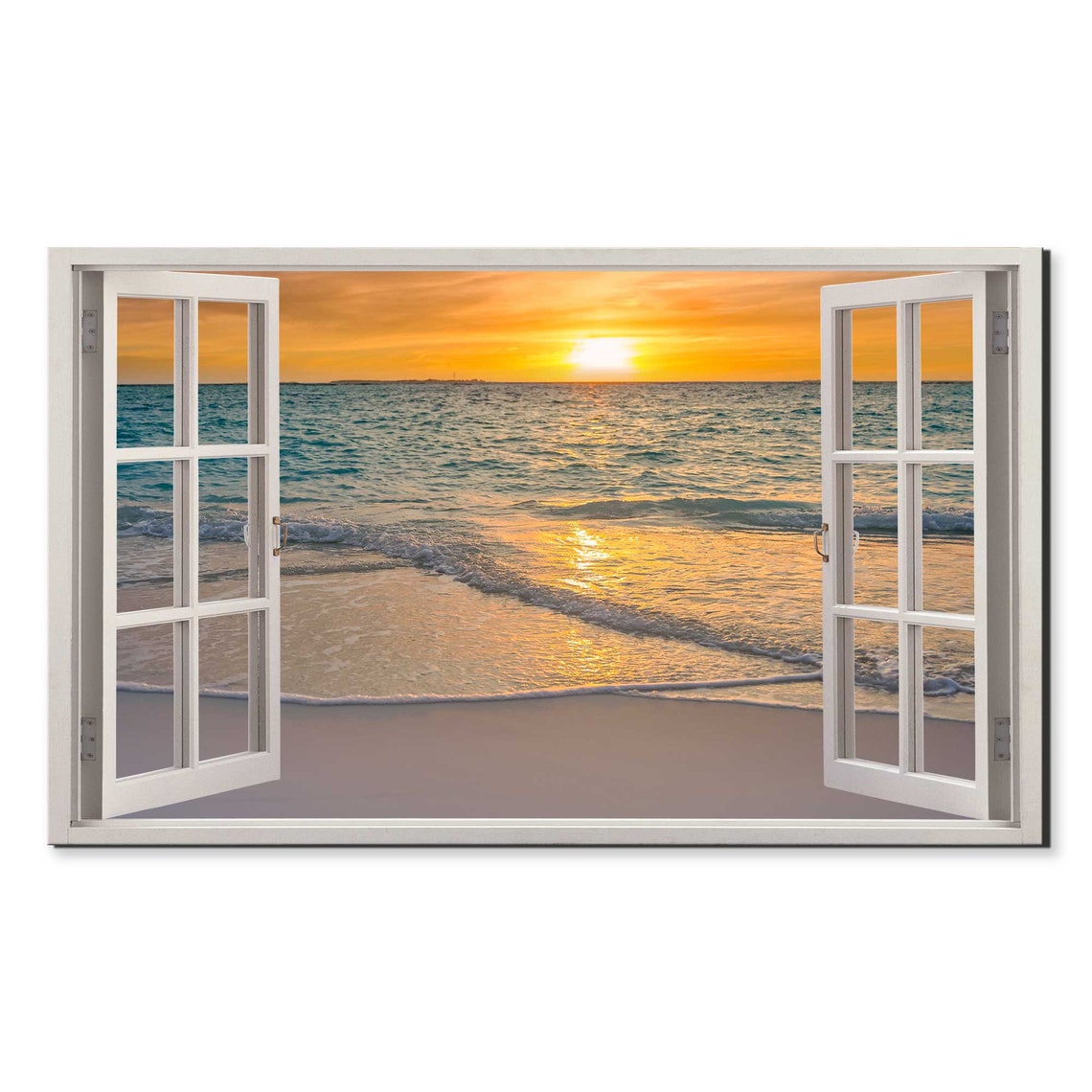 Golden Sun Setting Over Teal Ocean Beach Through Open Window Poster