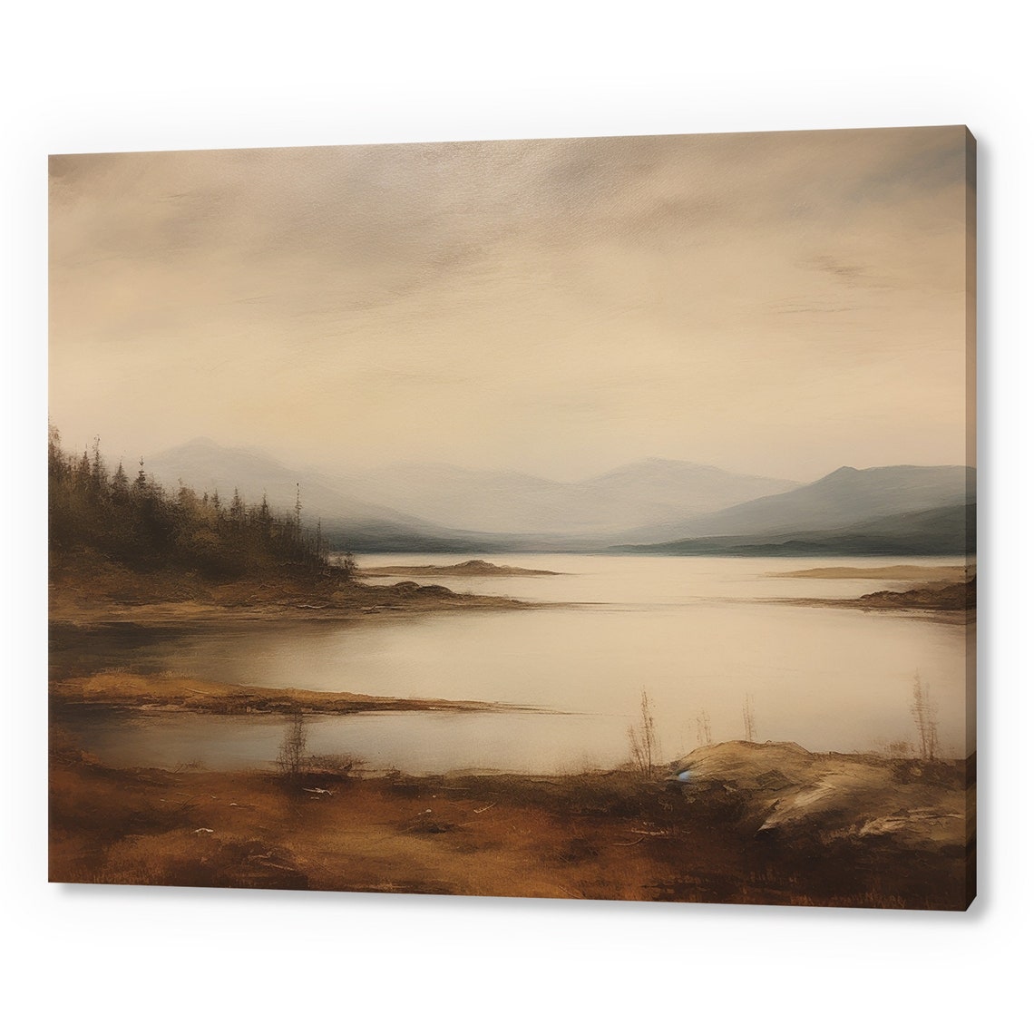 Foggy Lake Muntains Vintage Country Landscape Moody Painting Style Print Farmhouse Decor Art Neutral Nature Picture Wall Hanging