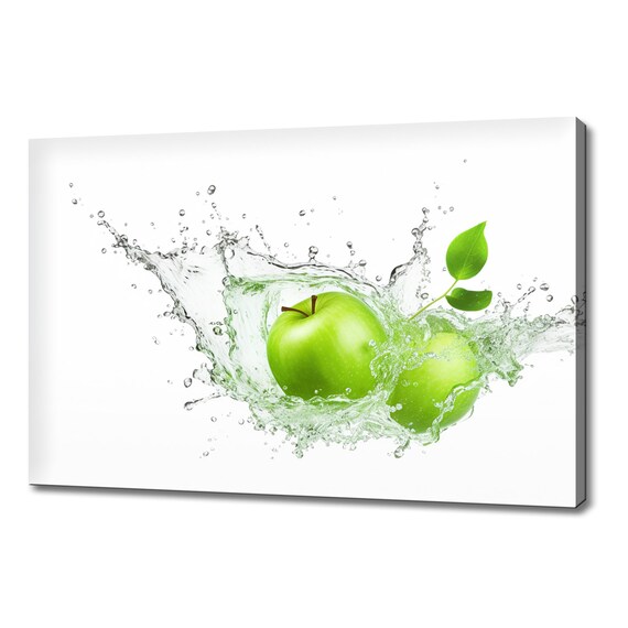 Green Apples Fruits Water Splash Print Colourful Kitchen Wall Art Fruit Print Modern Kitchen Restaurant Wall Decor