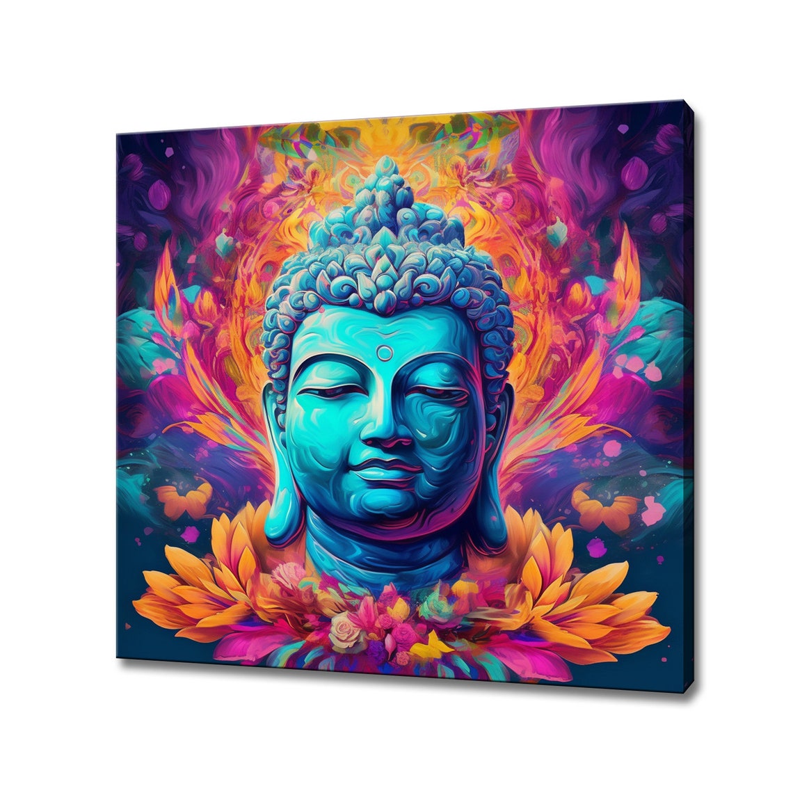 Colorful Buddha Head With Flowers Psychedelic Meditation Art Print
