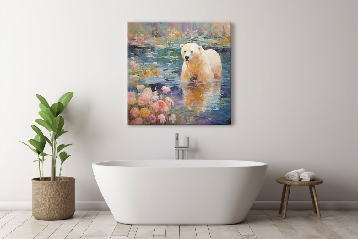 Polar Bear Swimming Among Water Lilies Pink Flowers Painting Poster - Image 4