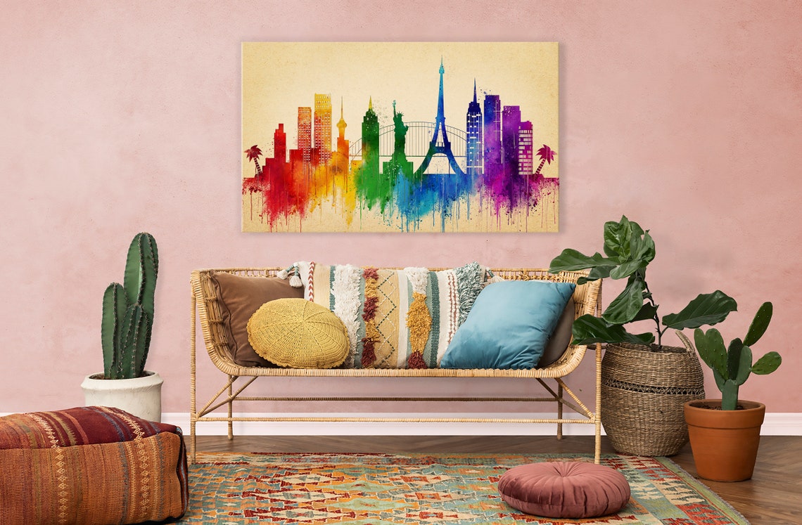 Famous World Landmarks Rainbow Watercolour Skyline Art Poster Gift - Image 2