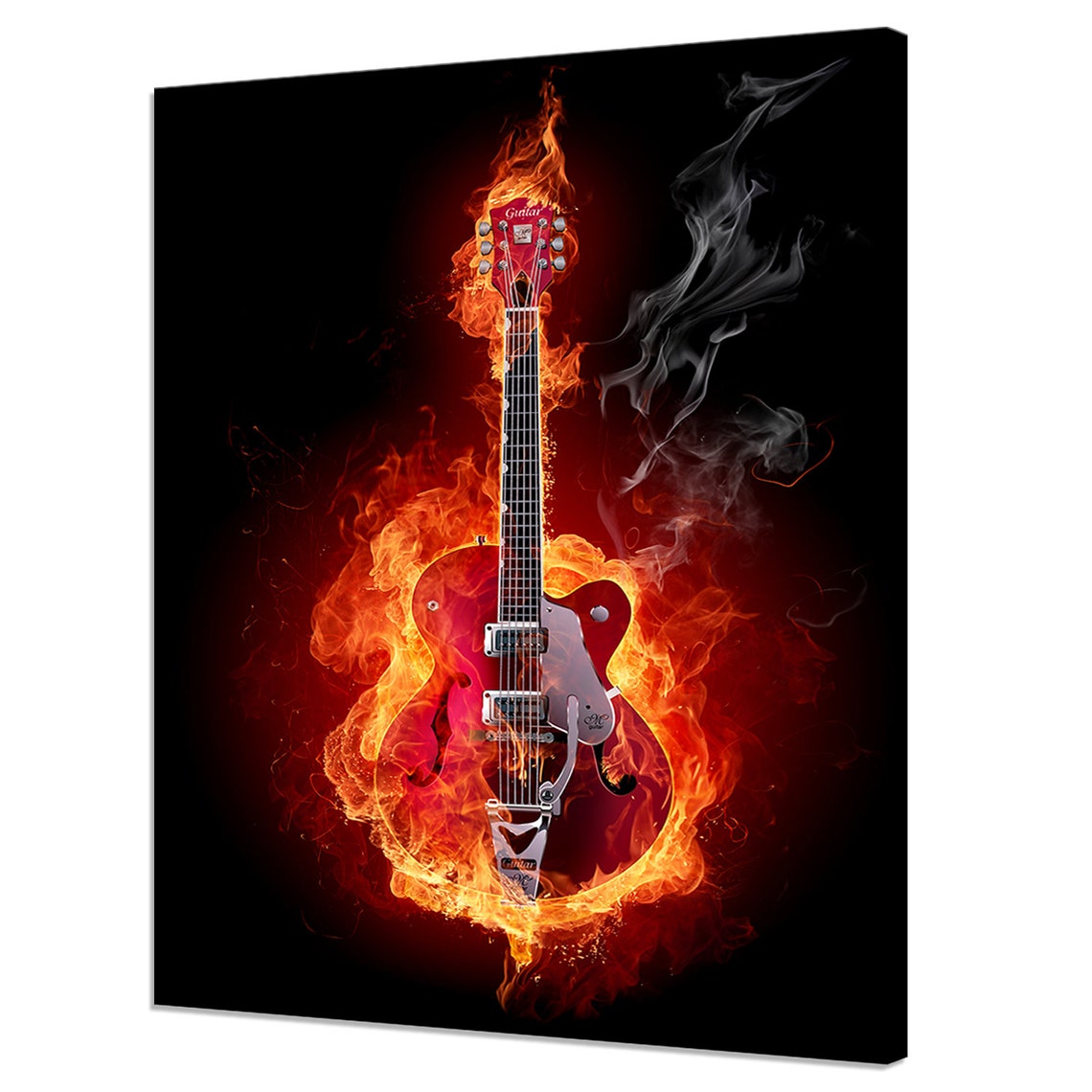 Red Electric Guitar On Fire Flames Black Background Rock Music Print
