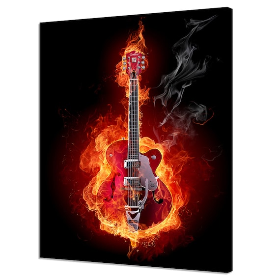 Red Electric Guitar On Fire Flames Black Background Rock Music Print