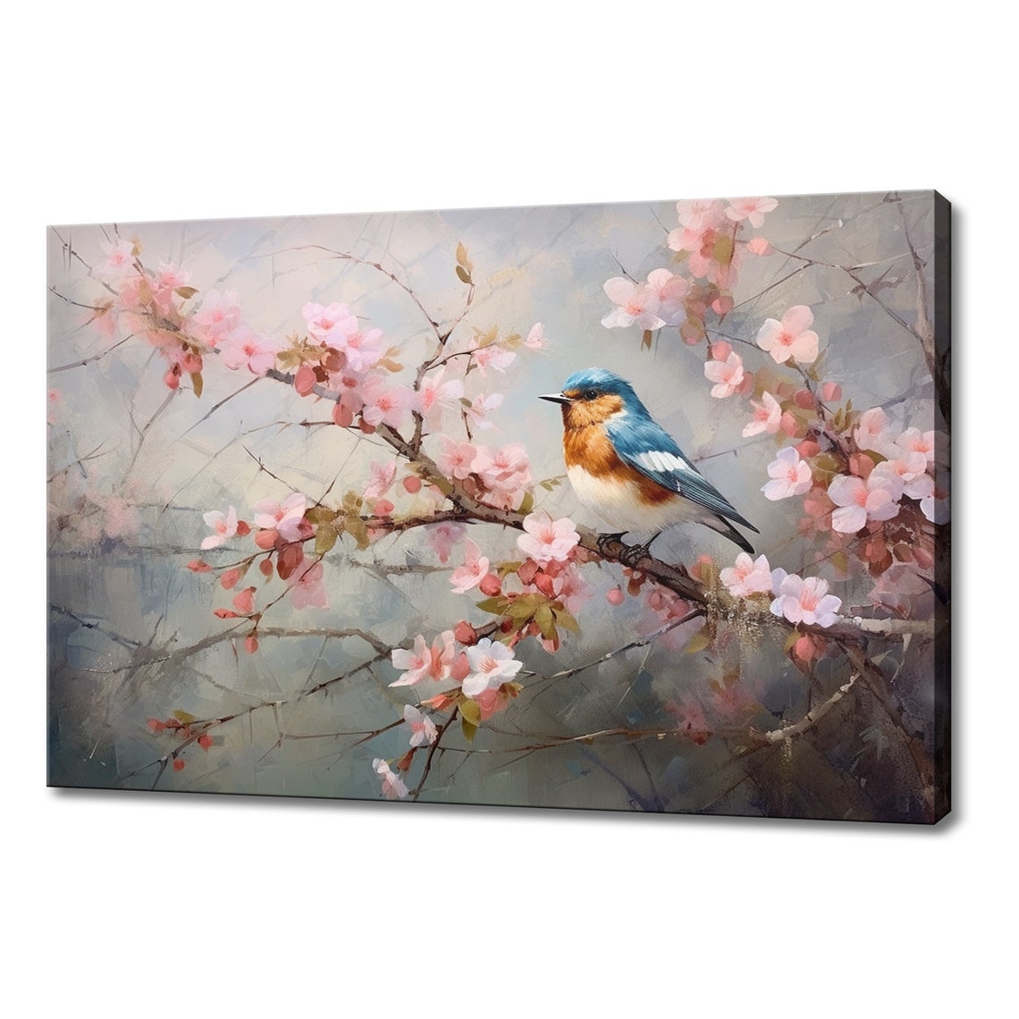 Small Blue Orange Songbird Cherry Blossom Branch Misty Art Poster