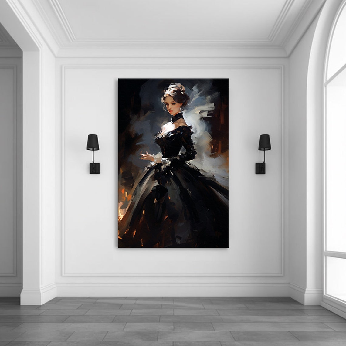Elegant Lady In Black Baroque Gown Standing In Misty Light Wall Art - Image 3