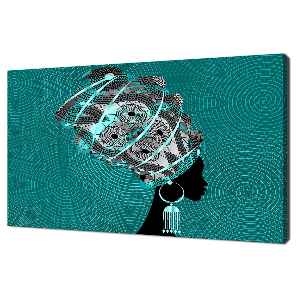 African Woman In Patterned Turban Teal Silhouette Wall Art Print