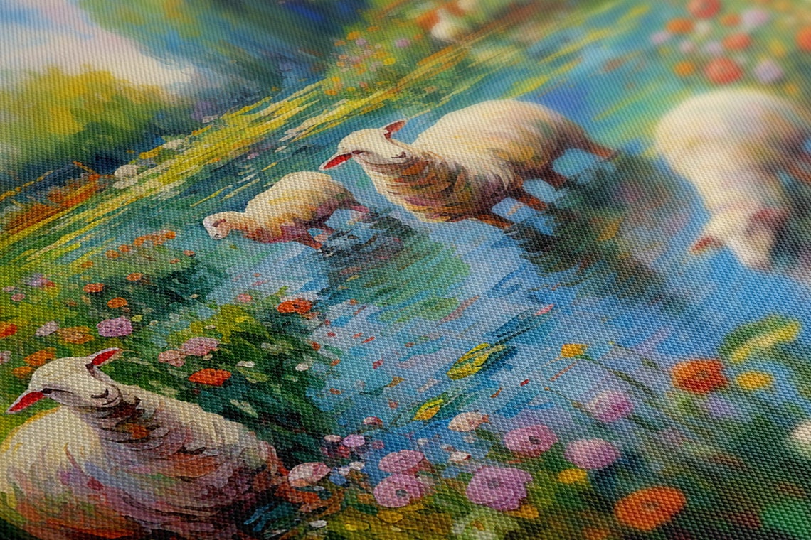Sheep Wading In Flower Pond Impressionist Farm Animal Art Poster - Image 2