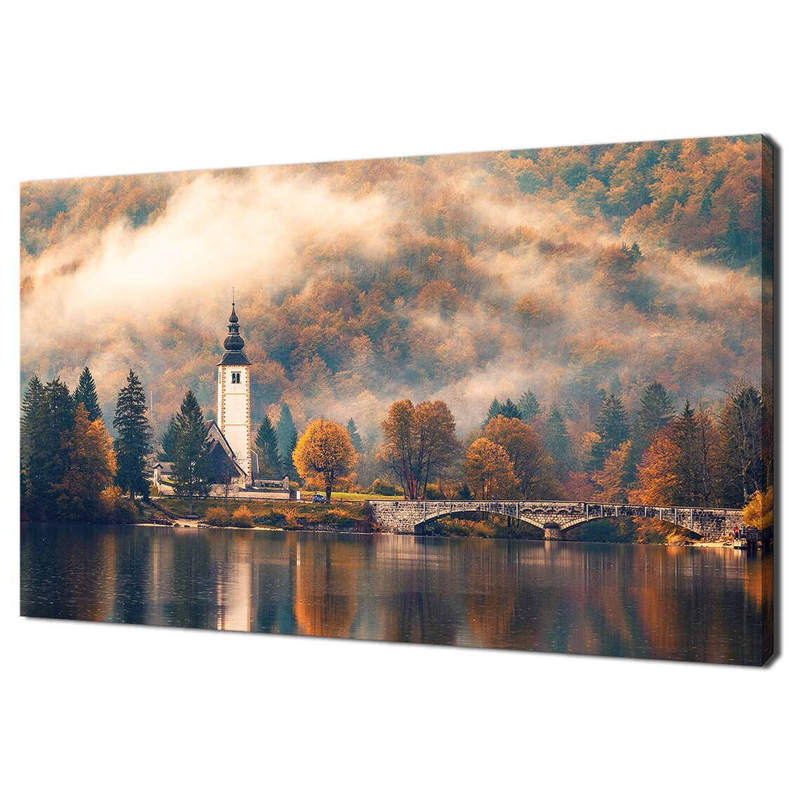 Lake Bohinj Slovenia Foggy Autumn Lakeside Church Bridge Travel Poster